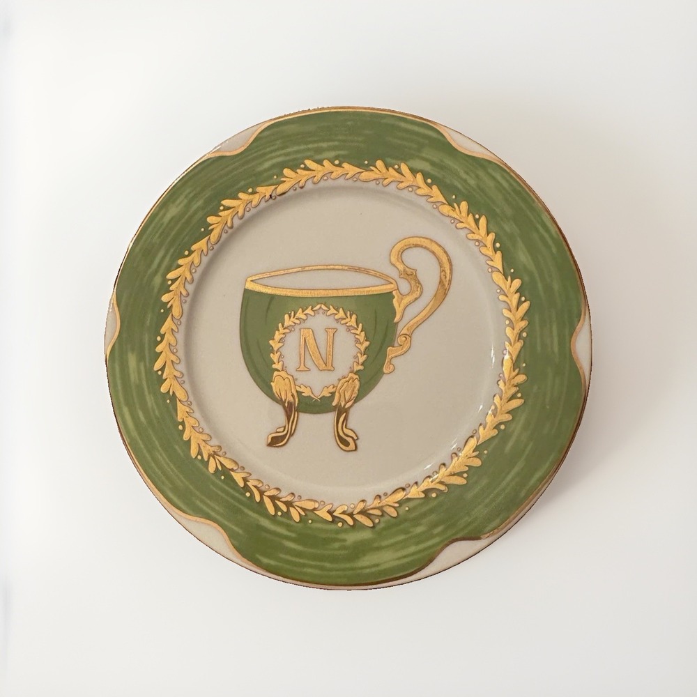 J. Godinger Emaux de Limoges 1855 Monogram "N" Salad Plate Green White Gold